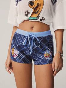 SCOOBY-DOO X SHEIN Women's Plaid Cartoon Print Drawstring Waist Leggings - Blue - View 5