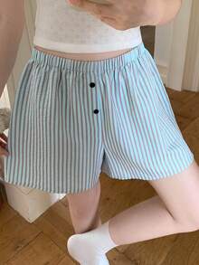 Livesso 女士弹力腰带纽扣设计休闲短裤 - 藍色 - 查看 7