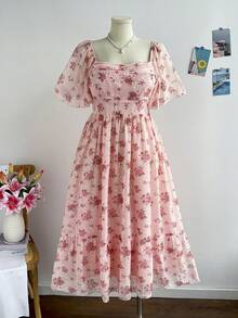 Soleia Đầm maxi cỡ lớn dành cho nữ, họa tiết hoa xanh trắng cổ điển, tay bồng, eo chun, thích hợp cho kỳ nghỉ hè, đi học, đi ăn trưa hoặc dự tiệc độc thân. - Hồng - Xem 3
