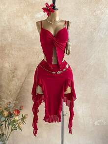 Soleia Plus Size Women Red Solid Twist Asymmetric Hem Camisole Mini Skirt 2 Pieces Set Summer Holiday Vacation Music Festival Beach Sexy Glamorous - Burgundy - View 8