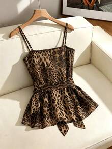 SHEIN Franclia Áo hai dây nữ họa tiết da báo, thiết kế sọc phía trước, dáng chữ A ôm sát, thời trang và thanh lịch với chút hoang dã; thắt lưng buộc eo, thích hợp cho kỳ nghỉ biển, tiệc tùng, đi làm, dạo phố, hẹn hò, họp mặt gia đình và các dịp khác. - Nhiều màu - Xem 2