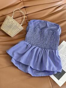 Flirla Women Striped Ruched Flounce Hem Bandeau Top - Navy Blue - View 2