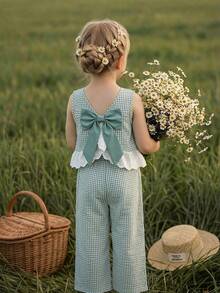 Emery Rose Kids Emery Rose Kids 女童夏季休闲度假蝴蝶结装饰格纹背心和裤子套装 - 彩色 - 查看 4
