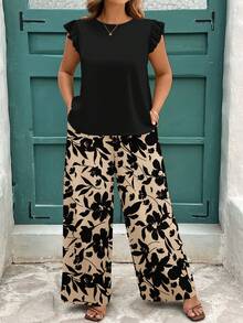 EMERY ROSE Plus Size Solid Color Top And Minimalist Floral Print Casual Loose Fit Two Pieces Set - Multicolor - View 7