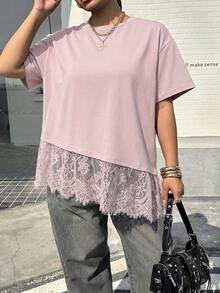 Muchica Plus Size Summer Casual Solid Color Contrast Lace Asymmetric Hem Short Sleeve T-Shirt - Dusty Pink - View 1