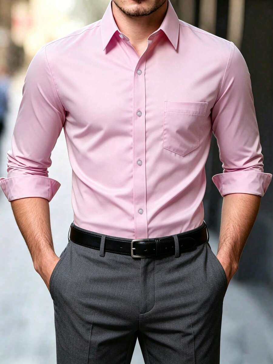 Manfinity Mode Camisa formal de manga larga para hombre de talla grande, unicolor, abotonadura sencilla, casual versátil para uso diario y ceremonias - Rosa - View 1