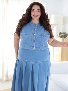 Pretty and Ole 大尺碼女款單排扣背心與百褶中長裙休閒牛仔套裝 冬季女裝聖誕新年套裝 夏季 - 中等水洗藍 - 查看 5