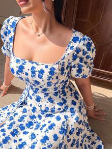 FleurLily Plus Size Elegant Floral Print Split Dress, Summer - Blue - View 8