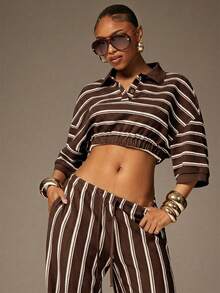 Denimoi Cropped Collared Knit Top Vacation Outfits Cropped Polo Shirt - Multicolor - View 5
