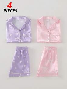 SHEIN Playful Pals 女童蝴蝶结爱心印花翻领仿丝短裤套装，家居服 - 彩色 - 查看 7