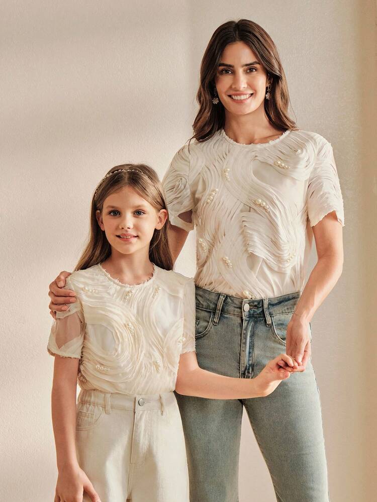 Girls' Elegant & Fashionable Short Sleeve T-Shirt With Pearl Decor, Apricot Color, Summer Top