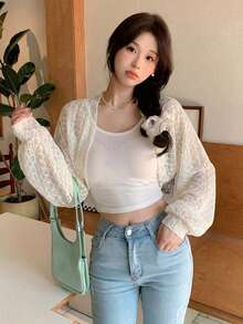 Cárdigan de punto de manga larga y transparente de estilo coreano casual y texturizado para mujer - Albaricoque 2 - Ver 4