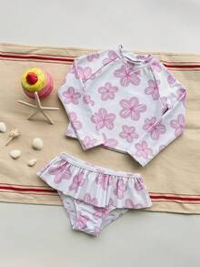 Dazy Kids 适合夏季海滩度假的少女碎花荷叶边长袖上衣和三角比基尼泳装套装 - 粉色 - 查看 3