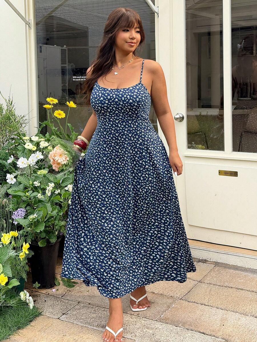 GalTyme Plus Size Ditsy Floral Casual Sleeveless Dress For Women, Summer - Brown - View 1