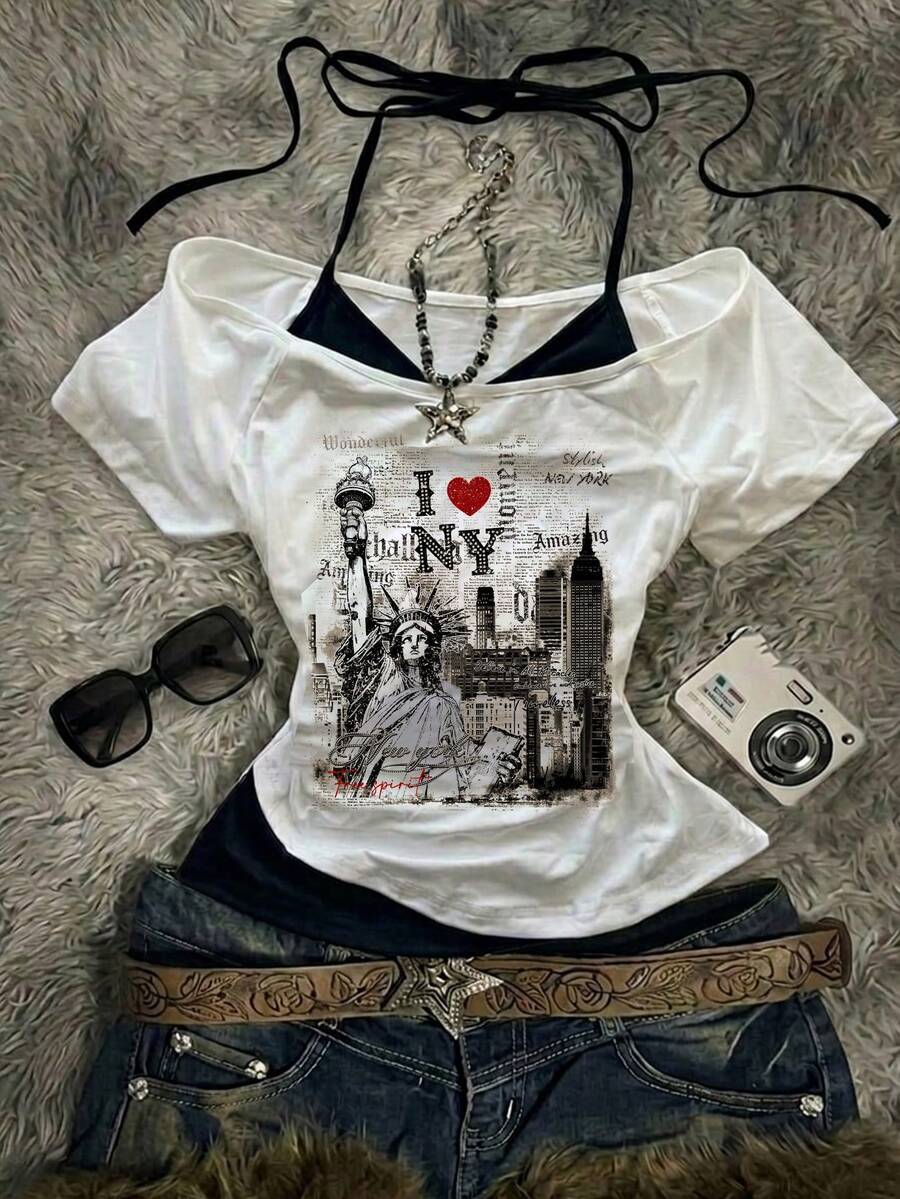 Attitoon Camiseta de manga corta casual y retro de mujer con bloques de color, adecuada para el verano - Multicolor - Ver 1