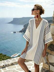 SHEIN Holidaya Đầm đi nghỉ mát kẻ sọc thường ngày dành cho nữ - Màu xanh hải quân - Xem 5