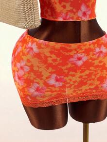 Amplova Lace Cup Detail Tropical Floral Mesh Bodycon 2 Pieces Set For Women Beach Vacation Orange Red Summer Outfits Casual - Orange - View 7