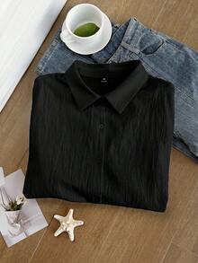 SHEIN Comfortcana Plus Size Casual Solid Color Shirt, Summer - Black - View 10
