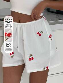 DAZY Women's 100% Cotton Cherry Print Loose Pajama Shorts, Summer - White - View 6