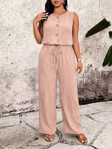 Breezaya Mono de talla grande de unicolor con cuello redondo, espalda descubierta, sin mangas, cintura elástica y botones - Rosa - Ver 3