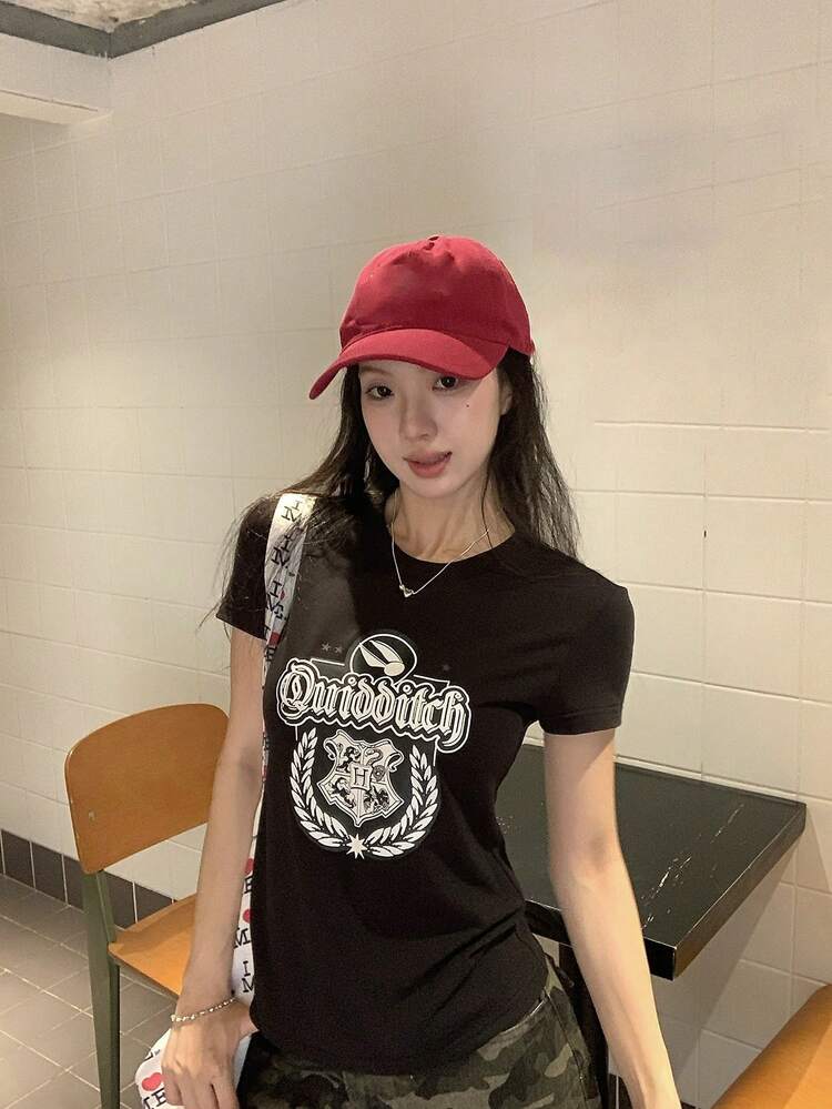 Women's Letter Print Round Neck Short Sleeve Casual T-Shirt