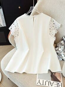 GlowEve CURVE Plus Size Women's Elegant White Summer Party Hollow Lace Patchwork Short Sleeve Blouse,Classy Solid Color Shirts For Casual And Commuting - Beige - View 2