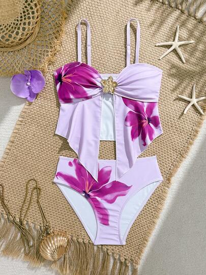 SHEIN Tween-Mädchen Bikini-Set mit Blumenmuster, Träger, 2-teilig, Frühling/Sommer