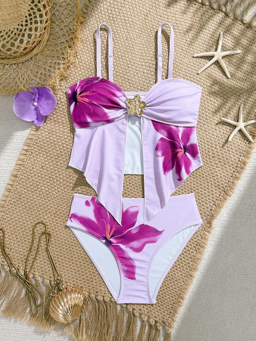 SHEIN Bikini 2 Potong Motif Bunga dengan Tali Bahu Tipis untuk Remaja Perempuan, Musim Semi/Panas - MultiWarna - View 1