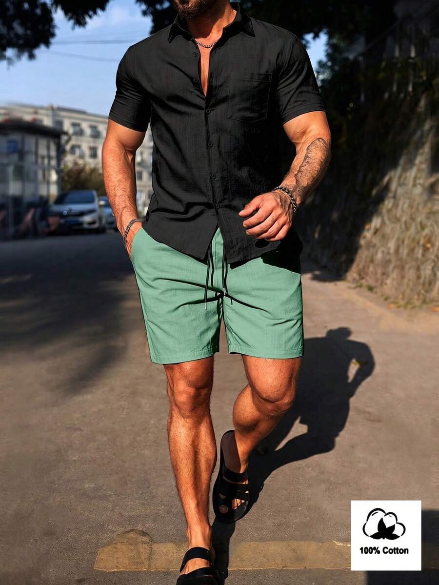 Manfinity Homme Men's Summer Casual Solid Color Button-Front Short Sleeve Shirt And Shorts Set - Multicolor - View 1
