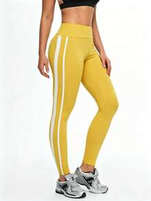 Eassivo Eassivo Quần legging thể thao nữ cạp cao, kẻ sọc bên hông, quần tập yoga. - Màu vàng - Xem 3