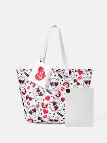 SHEIN X Care Bears 1件時尚輕便可折疊印花托特包，購物袋，便攜式單肩包，卡片收納袋，適用旅行與購物等 - 黑紅色 - 查看 5