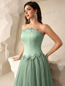 Coutiva Women's Rhinestone Embellished Mesh Patchwork Maxi Formal Gown (Heavily Embellished) - Green - View 7