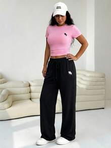 Solflare Plus Size Women 2pcs Set,Embroidered Small Logo,Black And White Summer Casual Gym Sports Outfit,Chic Y2k Daily Commute,Party,Vacation,Fall Winter - Multicolor - View 5