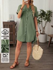 EMERY ROSE Plus Size Women Autumn Casual Vacation Daily Commute Notched Neck Roll Tab Sleeve Loose Denim Dress Beach Vacation Sage Green - Green - View 7