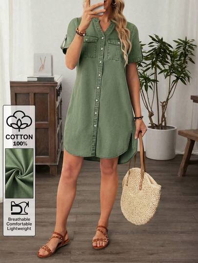 EMERY ROSE Plus Size Women Summer Casual Vacation Daily Commute Notched Neck Roll Tab Sleeve Loose Denim Dress