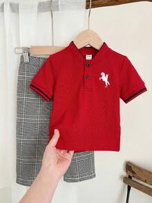 Bubblio Bộ đồ 2 món cho bé trai, gồm áo polo tay ngắn và quần kẻ caro cạp chun, kiểu dáng thường ngày, phù hợp cho tiệc sinh nhật, tiệc tối, biểu diễn, đám cưới, tiệc mừng em bé chào đời, lễ kỷ niệm sinh nhật lần thứ nhất. - Nhiều màu - Xem 4