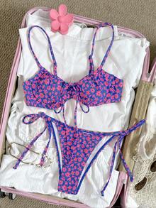 Swim Mod Conjunto de bikini con halter y cordón de flores pequeñas para mujer, primavera/verano - Multicolor - Ver 3
