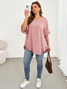Shapeblank Women's Plus-Size Dusty Pink Summer Casual Everyday Shirt,Fashionable Loose Comfortable Ruffled Short-Sleeved Curve Cute Tops,Women Blouse - Dusty Pink - View 2