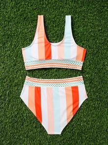 Tween Girl Colorblock Tape Detail Bikini Set Summer Beach - Orange - View 2