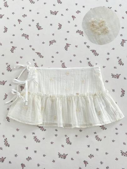Elamini Women's Sheer Floral Embroidered Low Waist Slit Bow Tie Ruffle Hem Mini Skirt, Suitable For Spring, Summer And Autumn