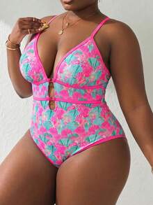 Swim Lushoire 2026 Spring/Summer Plus Size Women's Hollow Out Shell Print One-Piece Swimsuit, Lifting Holiday Holiday Vacation Pink Yellow Tropical - Multicolor - View 4
