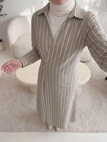 Solavon Women's Casual Commuter Striped Wrap Midi Dress - Khaki - View 3