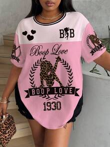Betty Boop x SHEIN Plus Size Women's Letter & Giraffe Print Round Neck Short Sleeve Casual T-Shirt - White - View 1