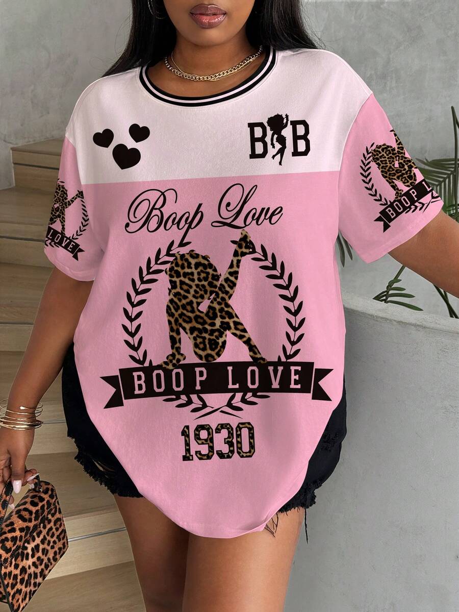 Betty Boop x SHEIN Plus Size Women's Letter & Giraffe Print Round Neck Short Sleeve Casual T-Shirt - White - View 1