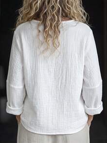 SHEIN Holidaya Women's Summer Casual 100% Cotton V-Neck Blouse, Beach Holiday Tops, Elegant Vacation Outfit, White Shirt, Commuter Wear - White - View 2