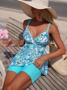 Swim Lushoire Tenue de plage d'été pour femmes, débardeur à imprimé cachemire aléatoire et short de couleur unie 2 pièces, maillot de bain, convient pour les vacances à la plage - Multicolore - Voir 4