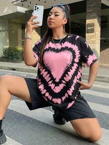 SHEIN EZwear 大码扎染爱心印花短袖T恤 - 黑色 - 查看 3
