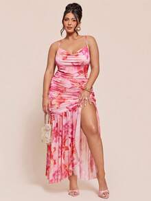 SHEIN BAE Plus Size Women's Pink Floral Floral Elegant Cami Dress,Summer Ruffle Long Party Vacation Dresses,Wedding Guest,Birthday,Graduation Ceremony Outfits - Pink - View 7