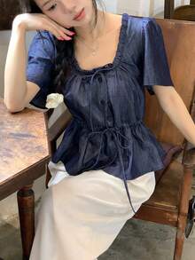 DAZY Áo sơ mi denim tay ngắn buộc dây phía trước dành cho nữ, kiểu dáng thường ngày, thích hợp cho mùa xuân/hè. - Màu xanh lam - Xem 4