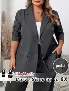 SHEIN CURVE+ Blazer de negocios casuales de unicolor talla grande - Gris Oscuro - Ver 1